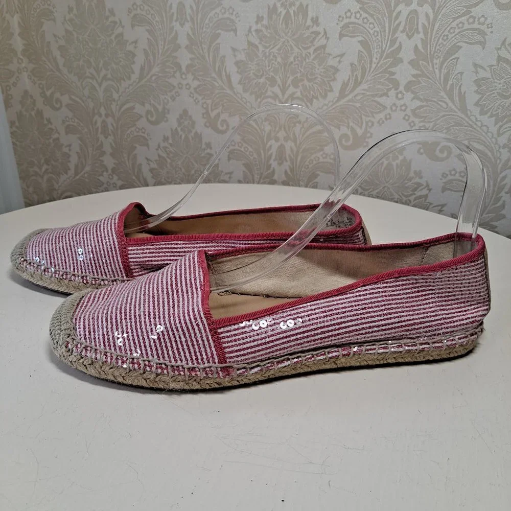 Franco Sarto Size 8.5 A-Whip Pink and White Striped Espadrilles Sequins Jute